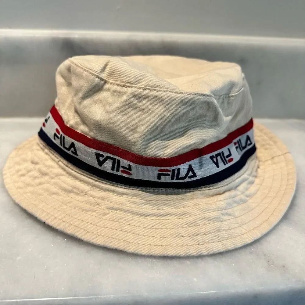 Fila Logo Cotton Twill Reversible Bucket Hat Tan Multi Small/Medium